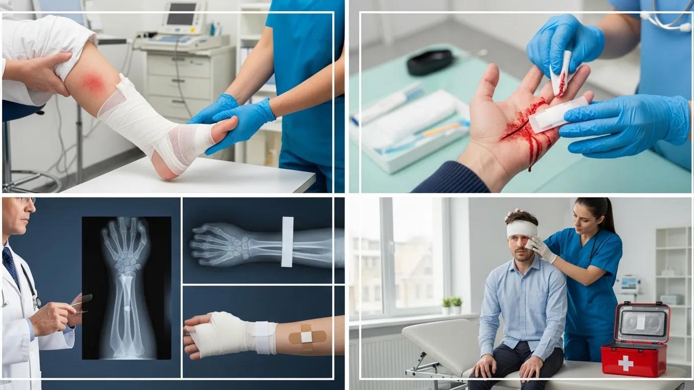 Collage of common workplace injuries including sprains, cuts, and fractures being treated in a clinical setting