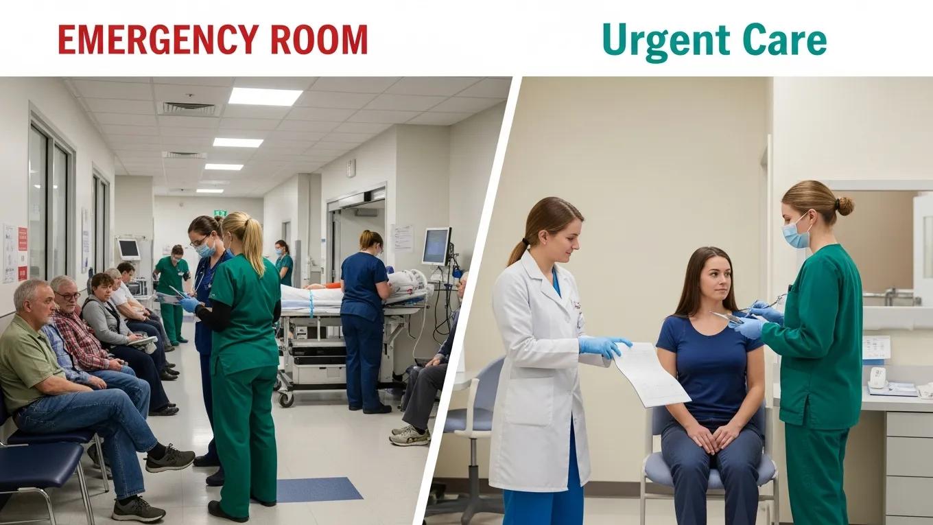 Comparison of urgent care and emergency room settings, emphasizing the efficiency of urgent care for workplace injuries
