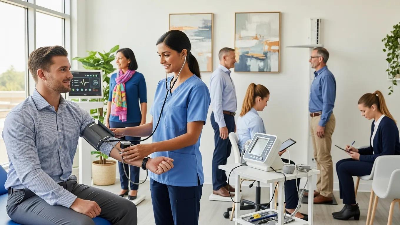 Diverse employees engaging in a health assessment at a modern clinic
