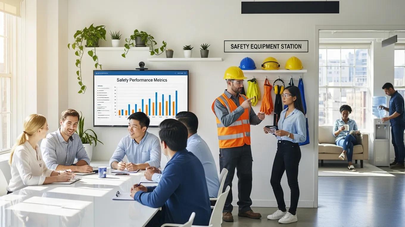 Diverse group of employees in a safe and healthy workplace environment