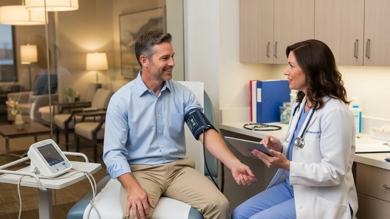 Employee receiving a health evaluation in a single visit at a healthcare facility