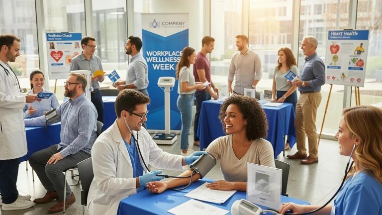 Employees engaging in a health screening event promoting workplace wellness