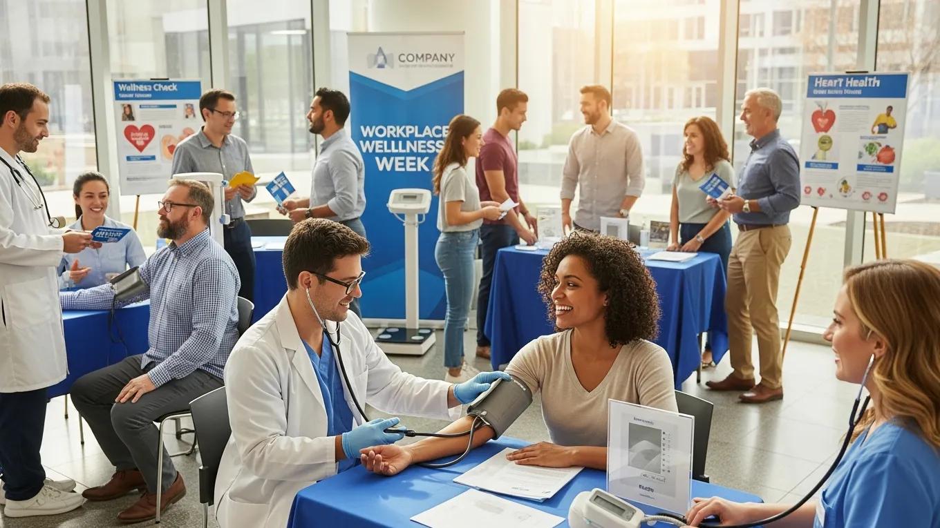 Employees engaging in a health screening event promoting workplace wellness
