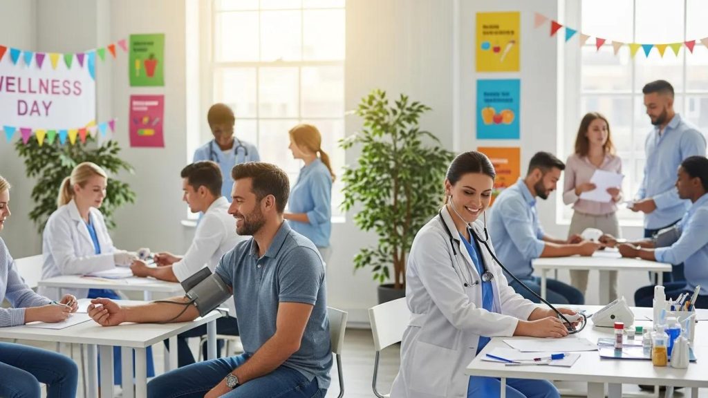 Group of employees participating in a health screening event, showcasing workplace wellness