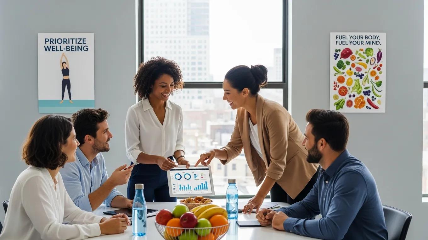 Happy employees in an office discussing the benefits of regular health assessments