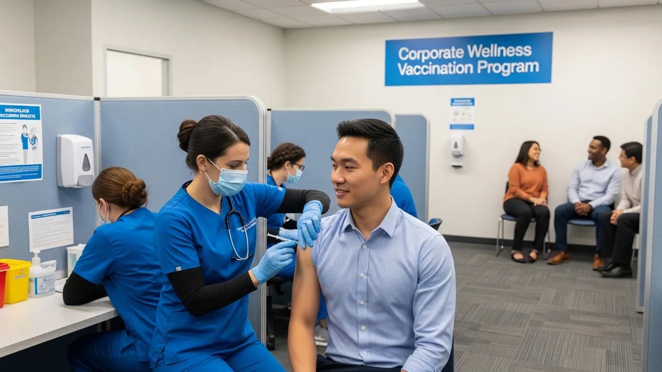 Healthcare professional administering a vaccine in a corporate vaccination clinic