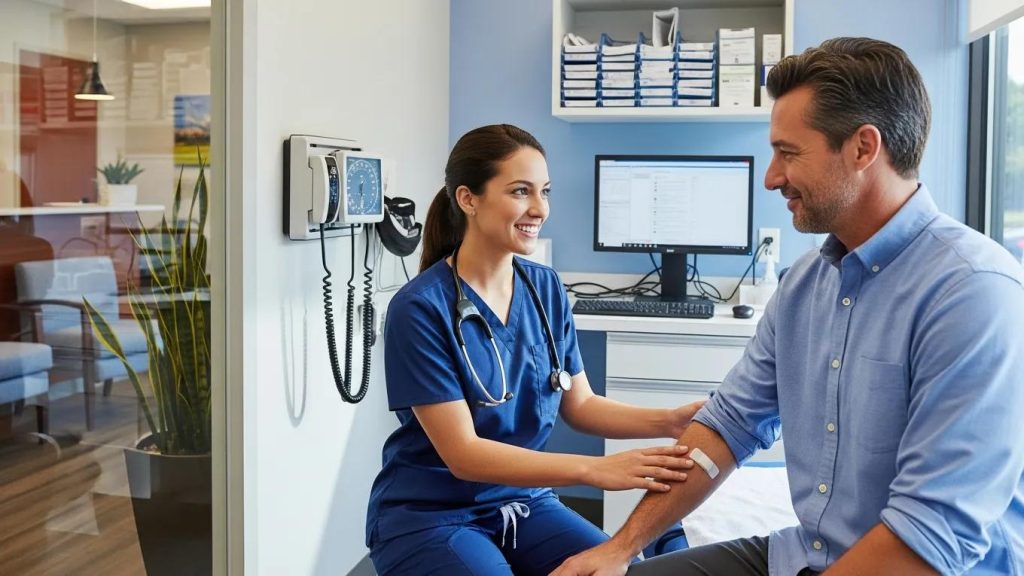 Healthcare professional assisting a patient in an urgent care clinic, highlighting immediate care for workplace injuries