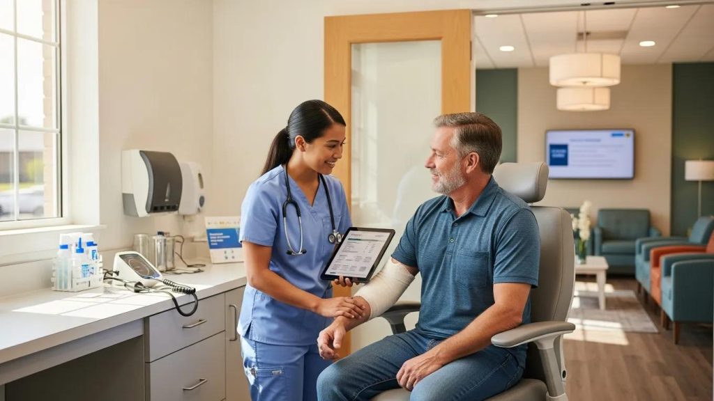 Healthcare professional assisting a patient in an urgent care setting, emphasizing workers' compensation support