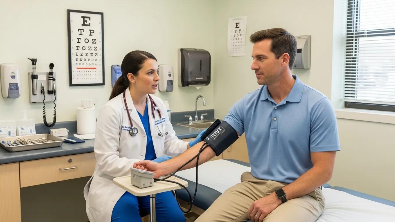 Healthcare professional conducting a comprehensive work physical on an employee