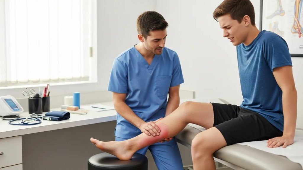 Healthcare professional examining a patient with a sprained ankle in a clinical setting
