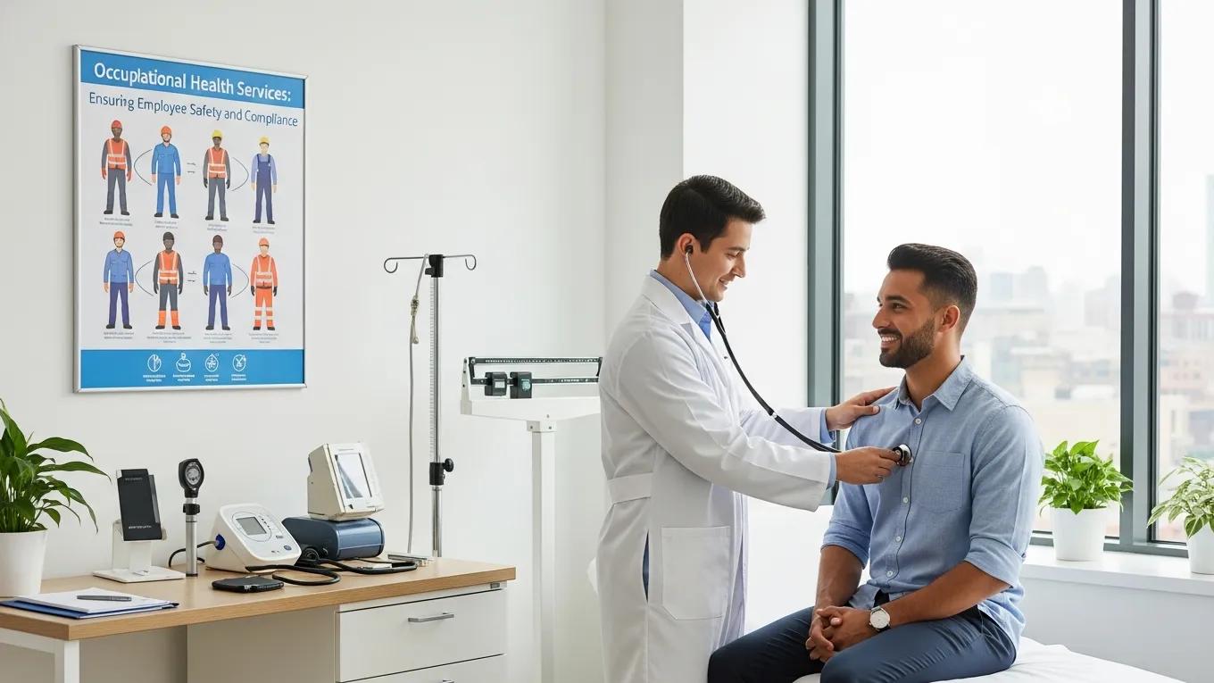 Healthcare professional performing a pre-employment physical assessment in an office