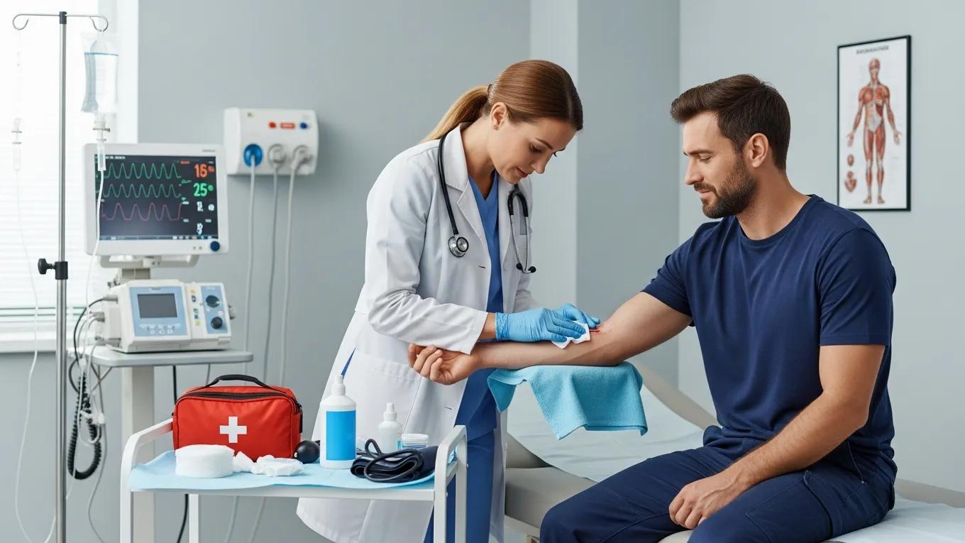 Healthcare professional treating a workplace injury in a clinical setting