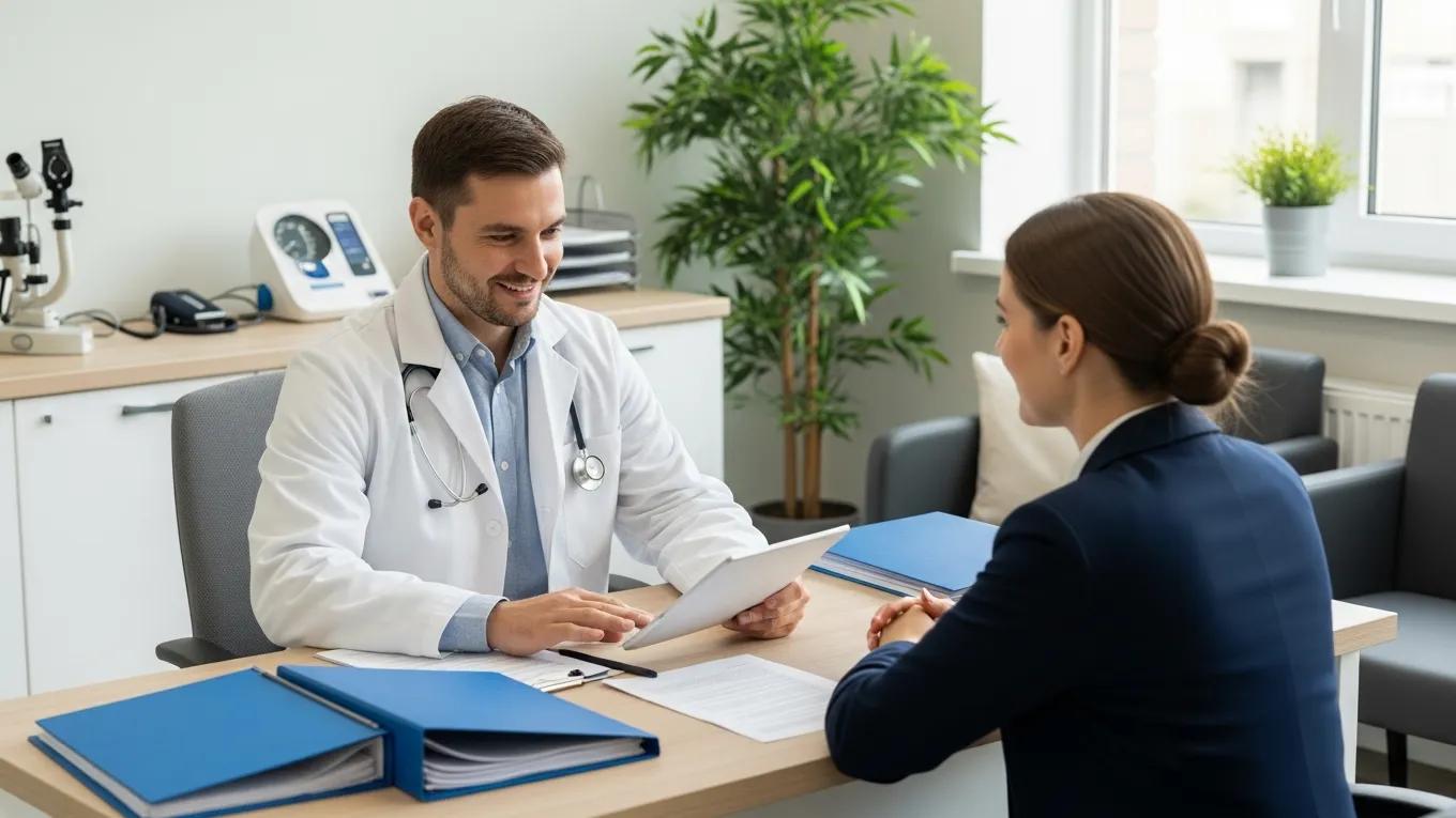 Healthcare provider conducting an occupational health evaluation in a modern clinic