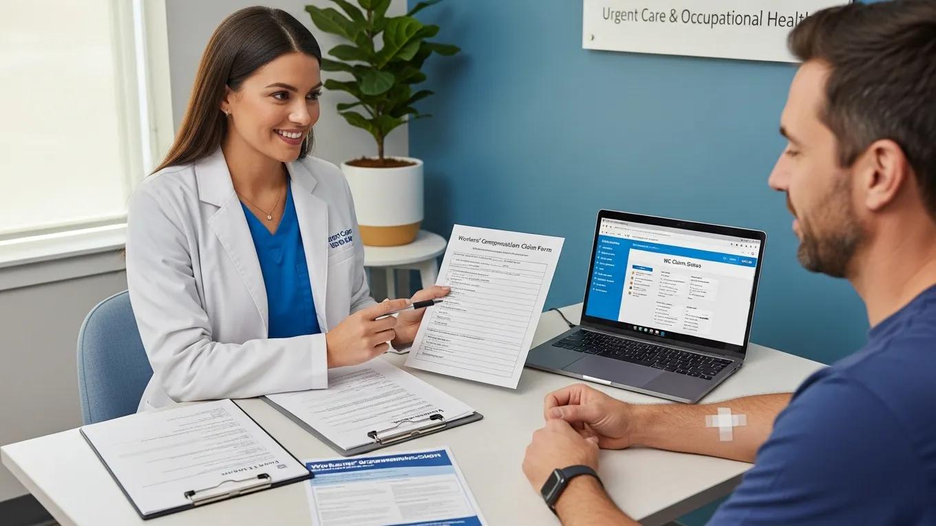 Healthcare provider reviewing medical documentation with a patient, illustrating urgent care's role in workers' compensation claims